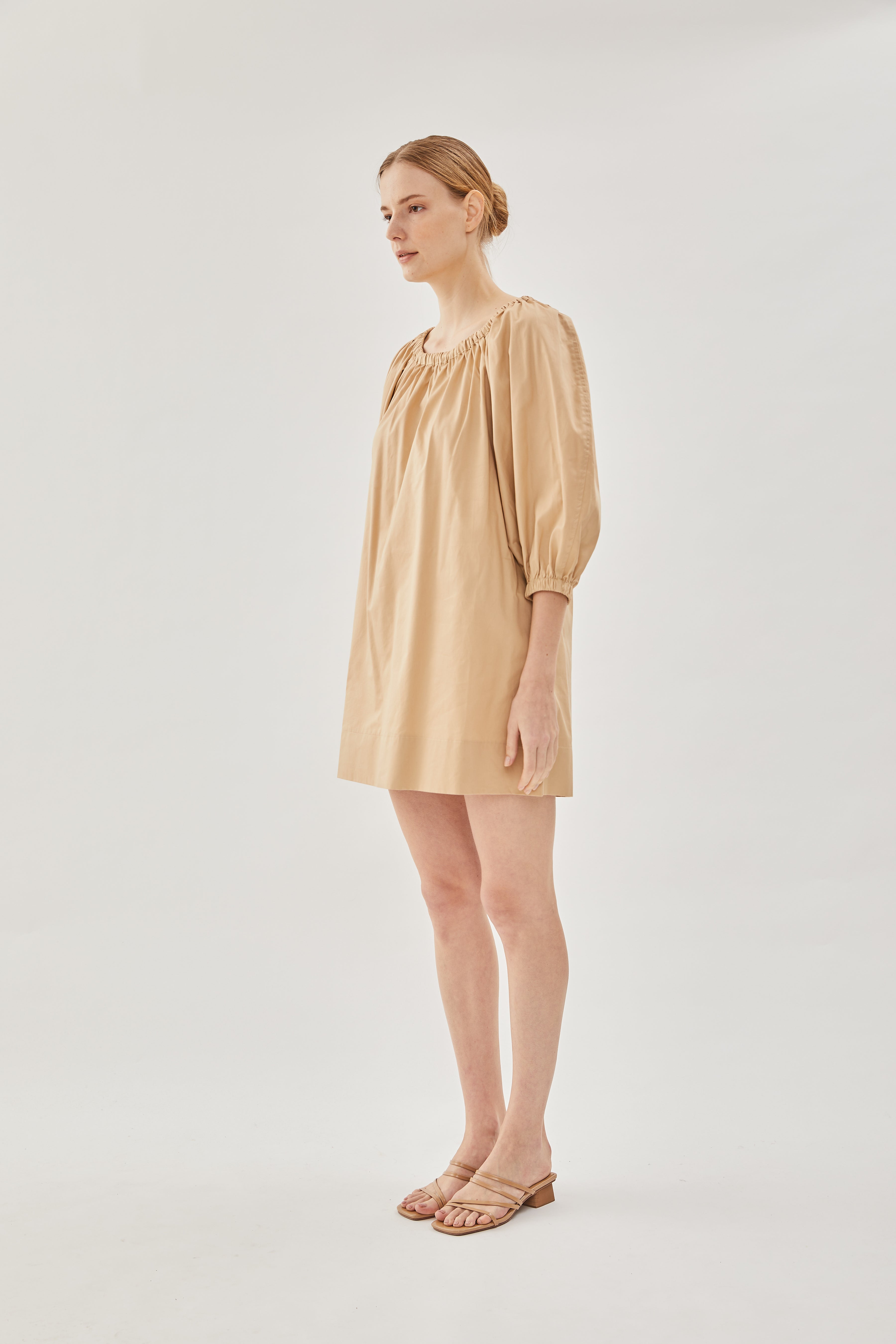 Cotton Gathered Dress in Sand