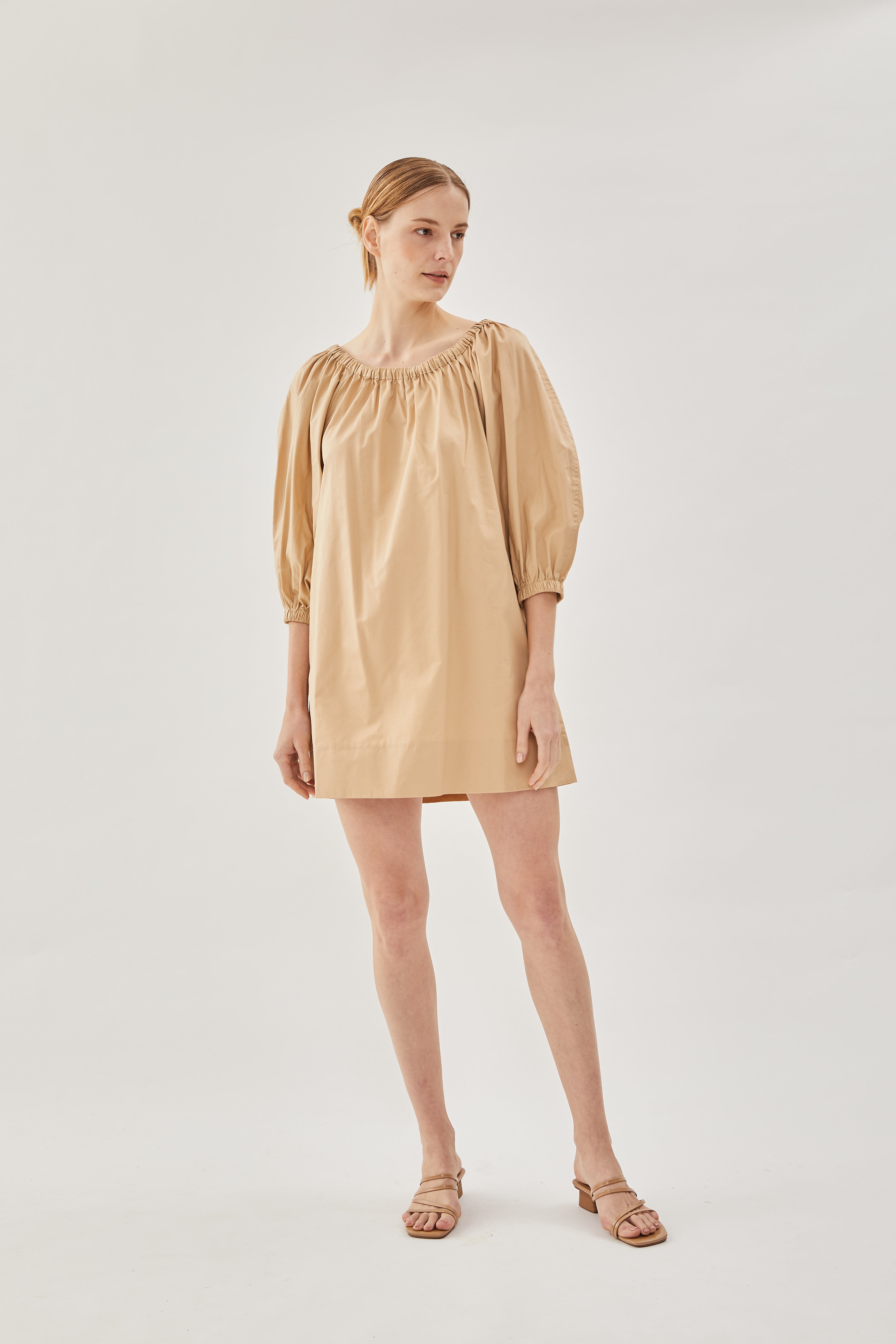 Cotton Gathered Dress in Sand