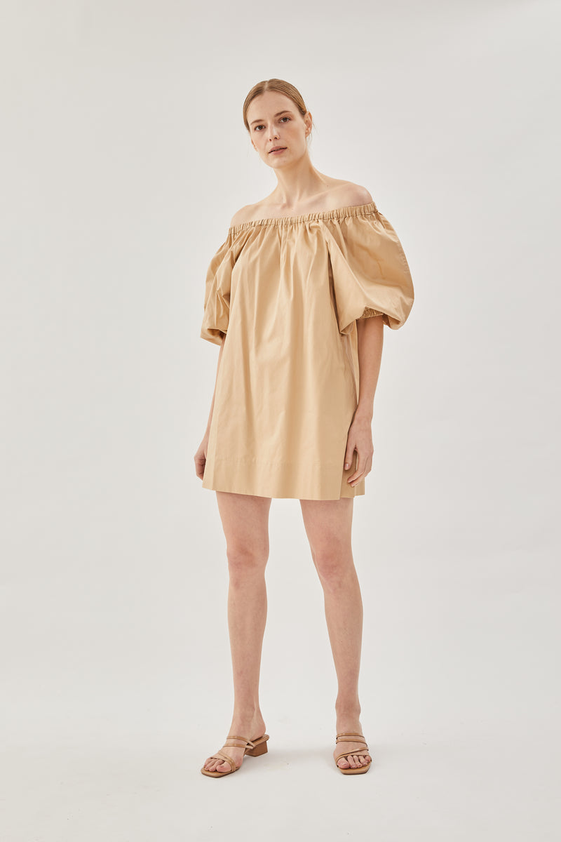 Cotton Gathered Dress in Sand
