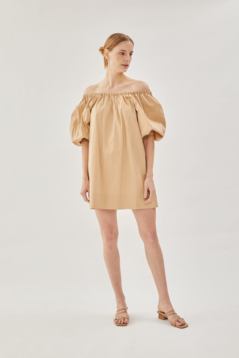 Cotton Gathered Dress in Sand