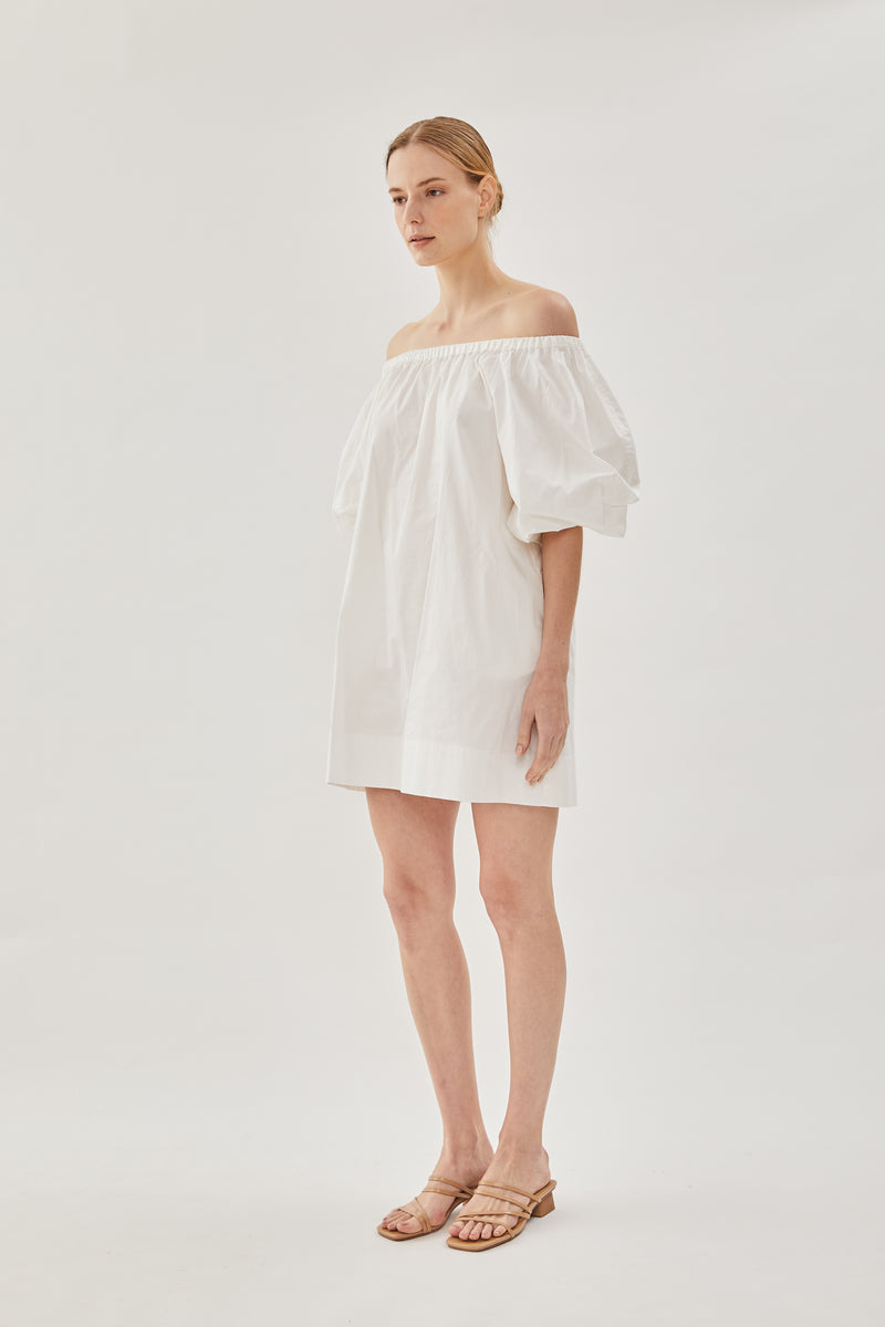 Cotton Gathered Dress in White