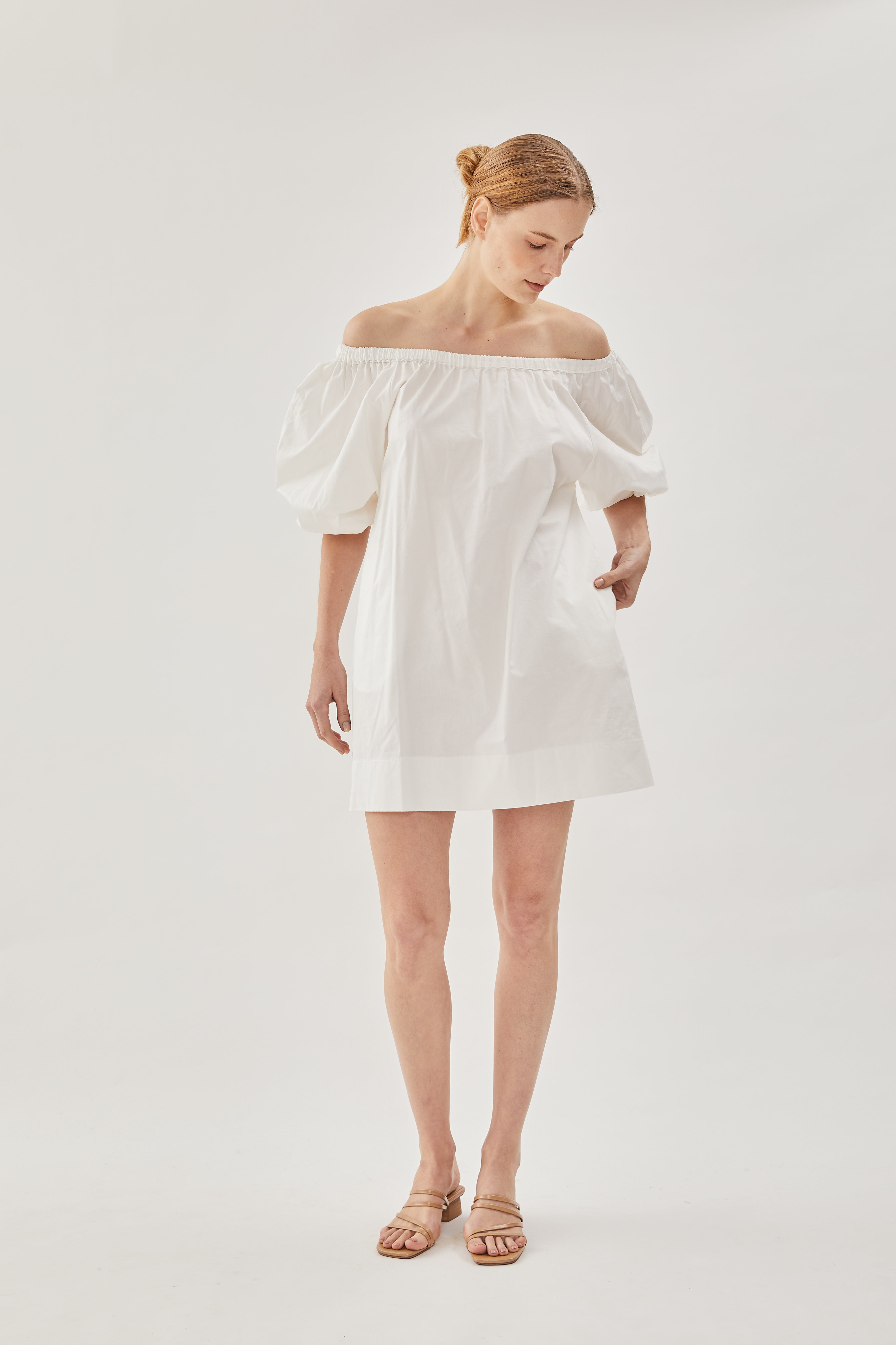 Cotton Gathered Dress in White