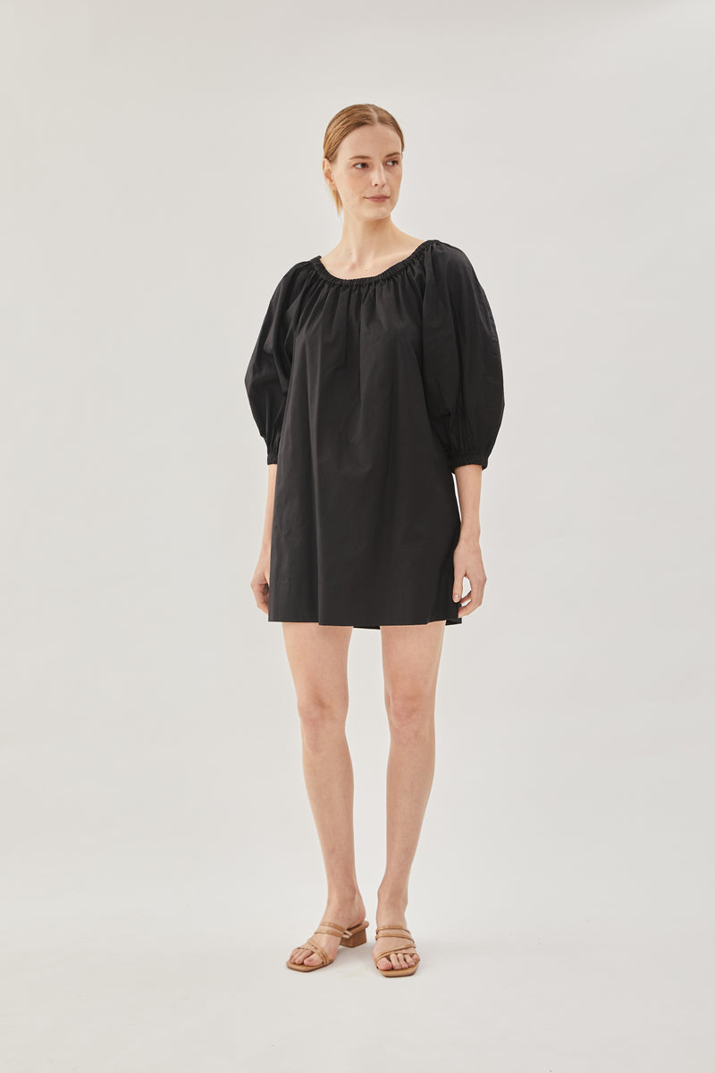 Cotton Gathered Dress in Black
