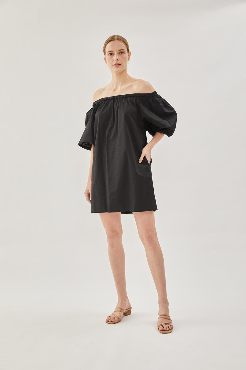 Cotton Gathered Dress in Black
