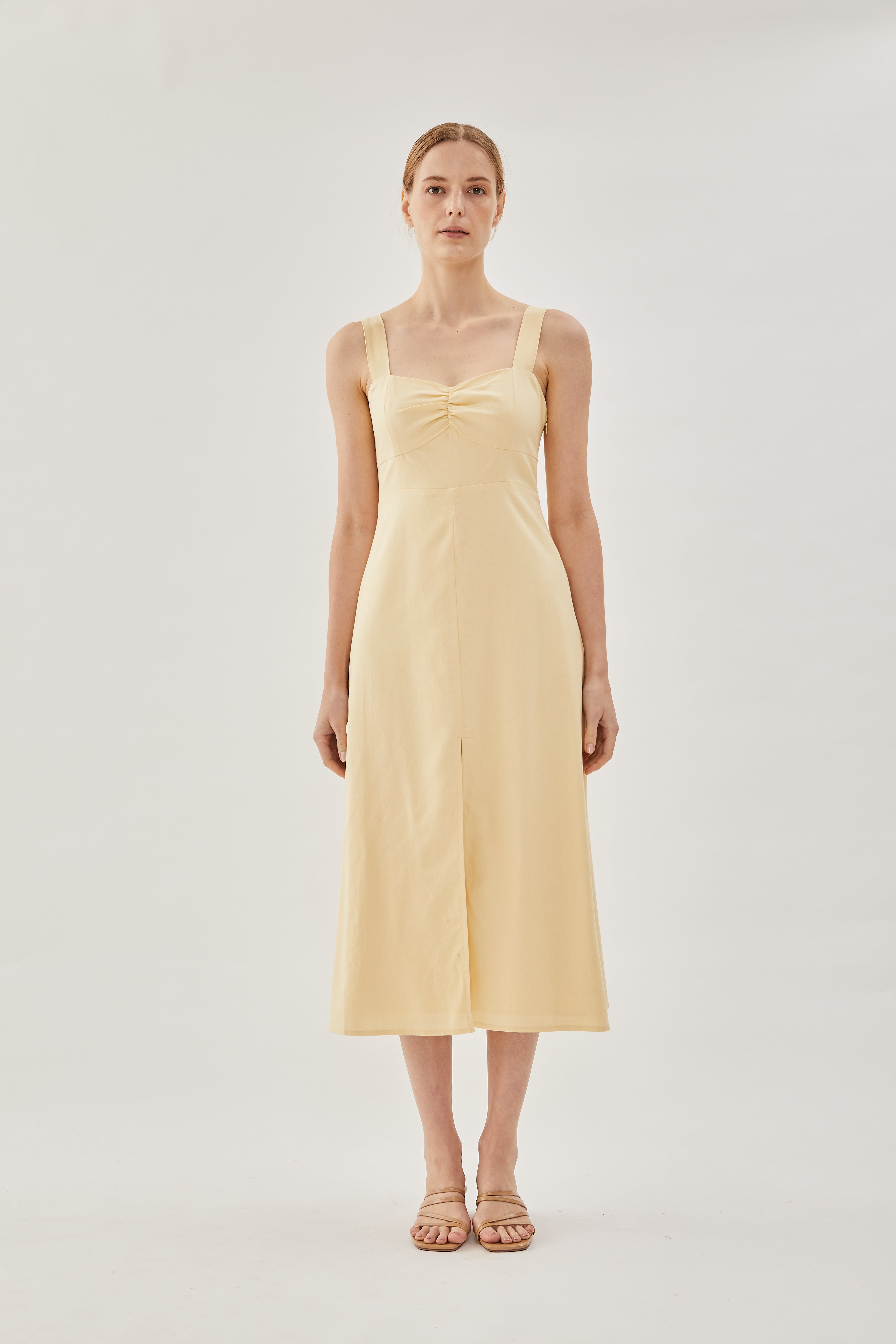 Linen Midi Dress in Soft Yellow