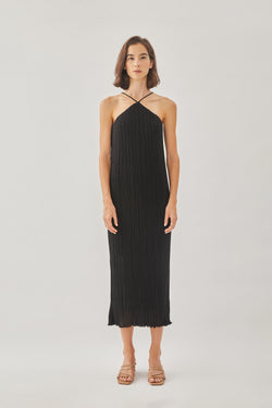 Halter Pleated Maxi Dress in Black