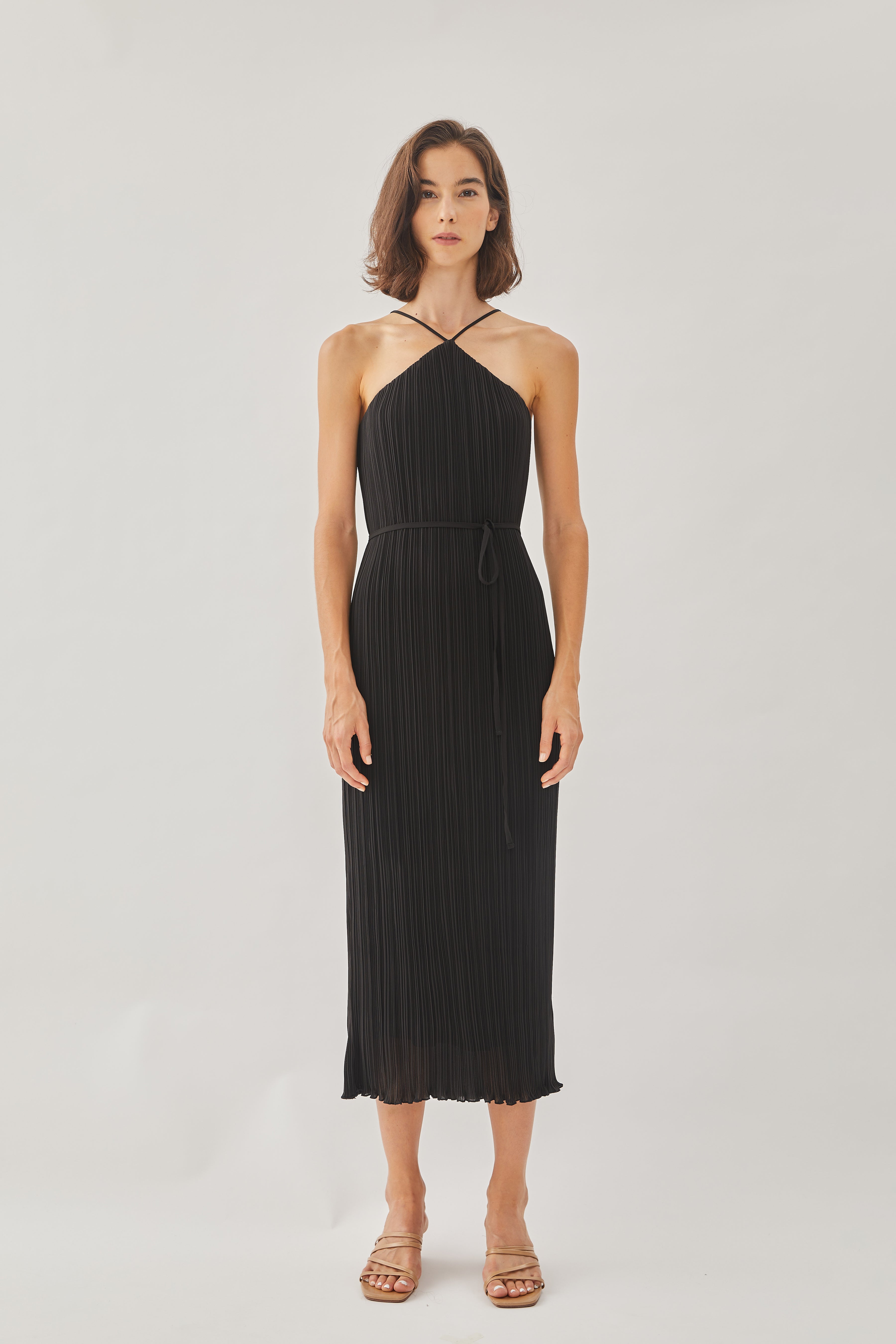 Halter Pleated Maxi Dress in Black