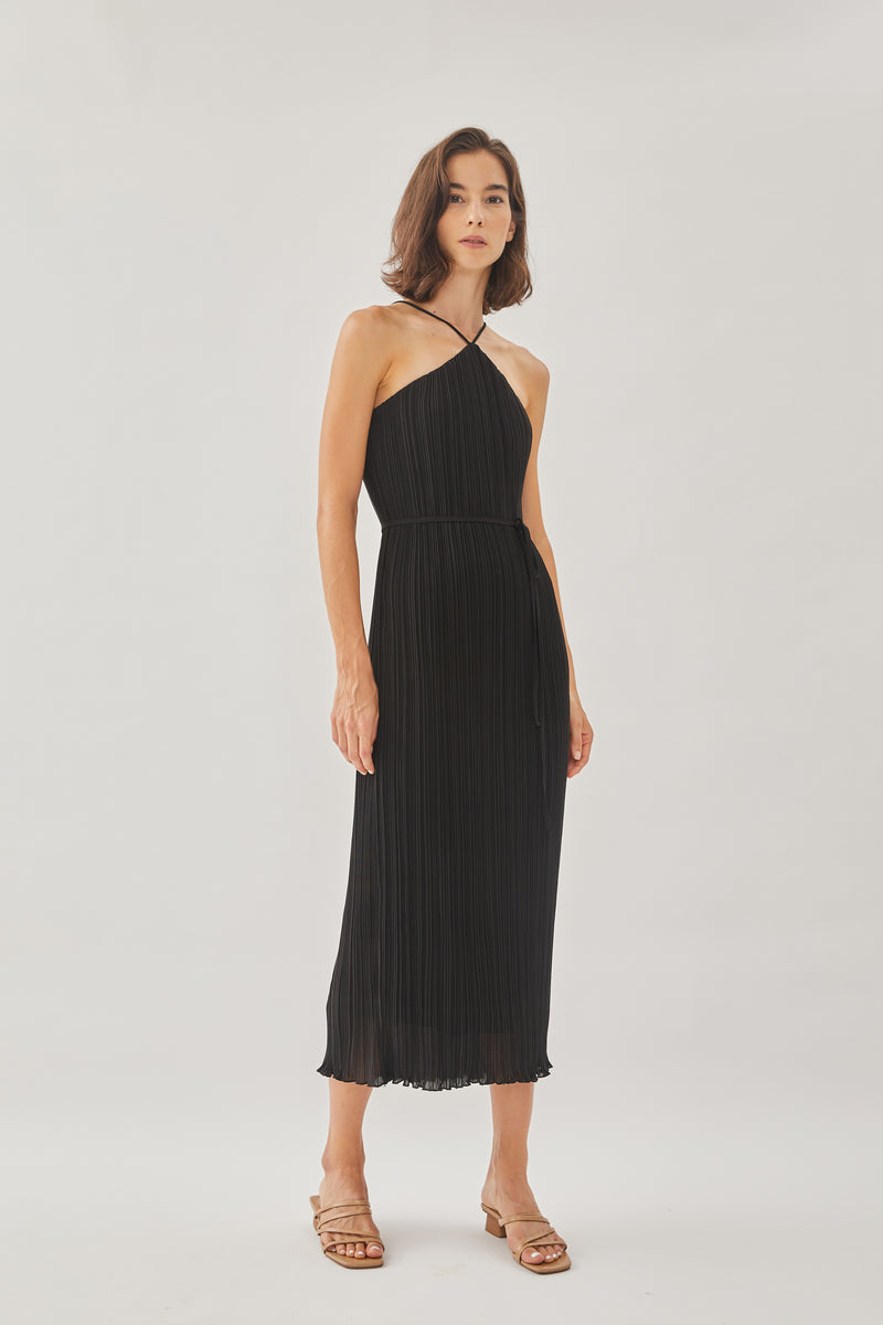 Halter Pleated Maxi Dress in Black