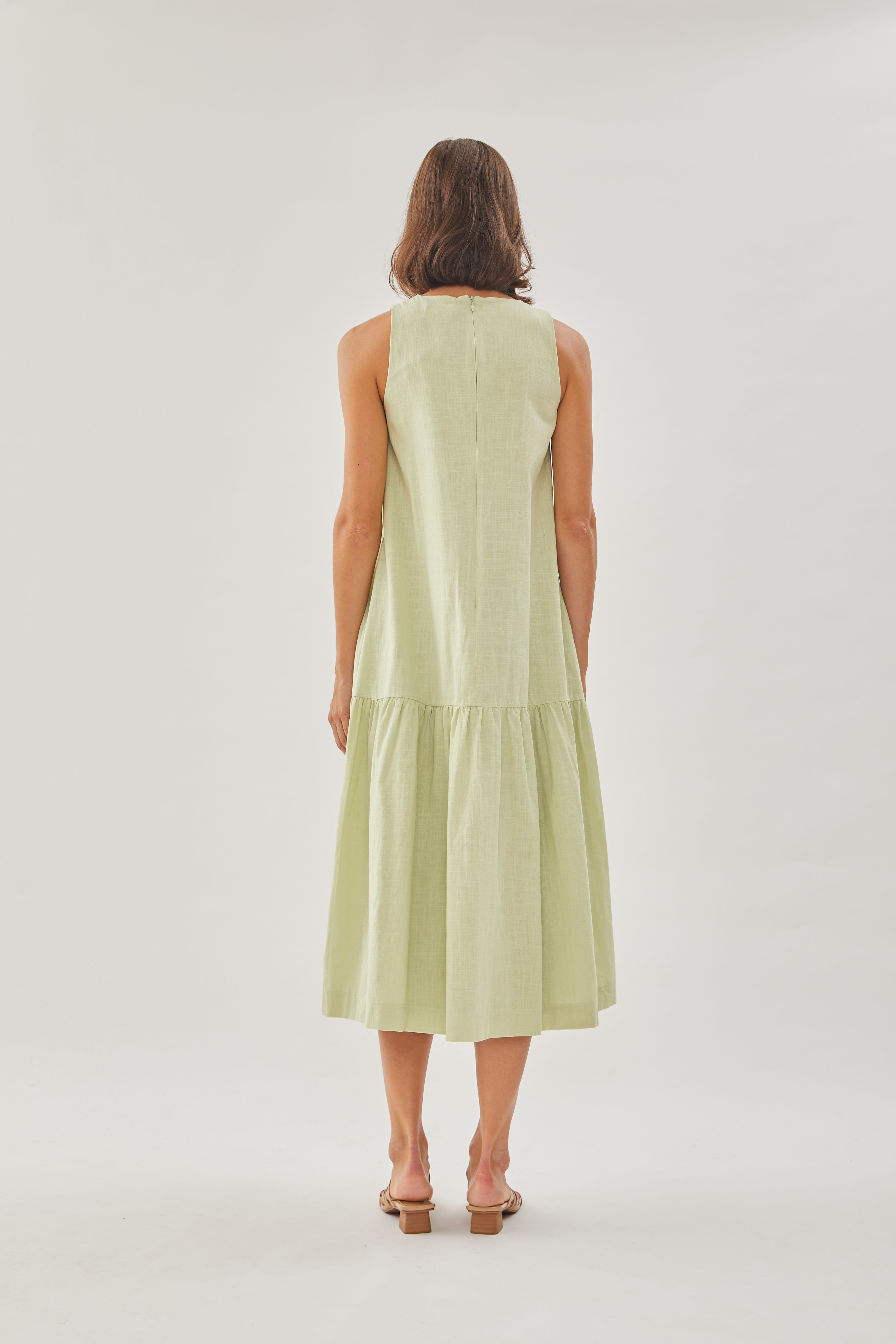 Linen Tiered Dress in Soft Green