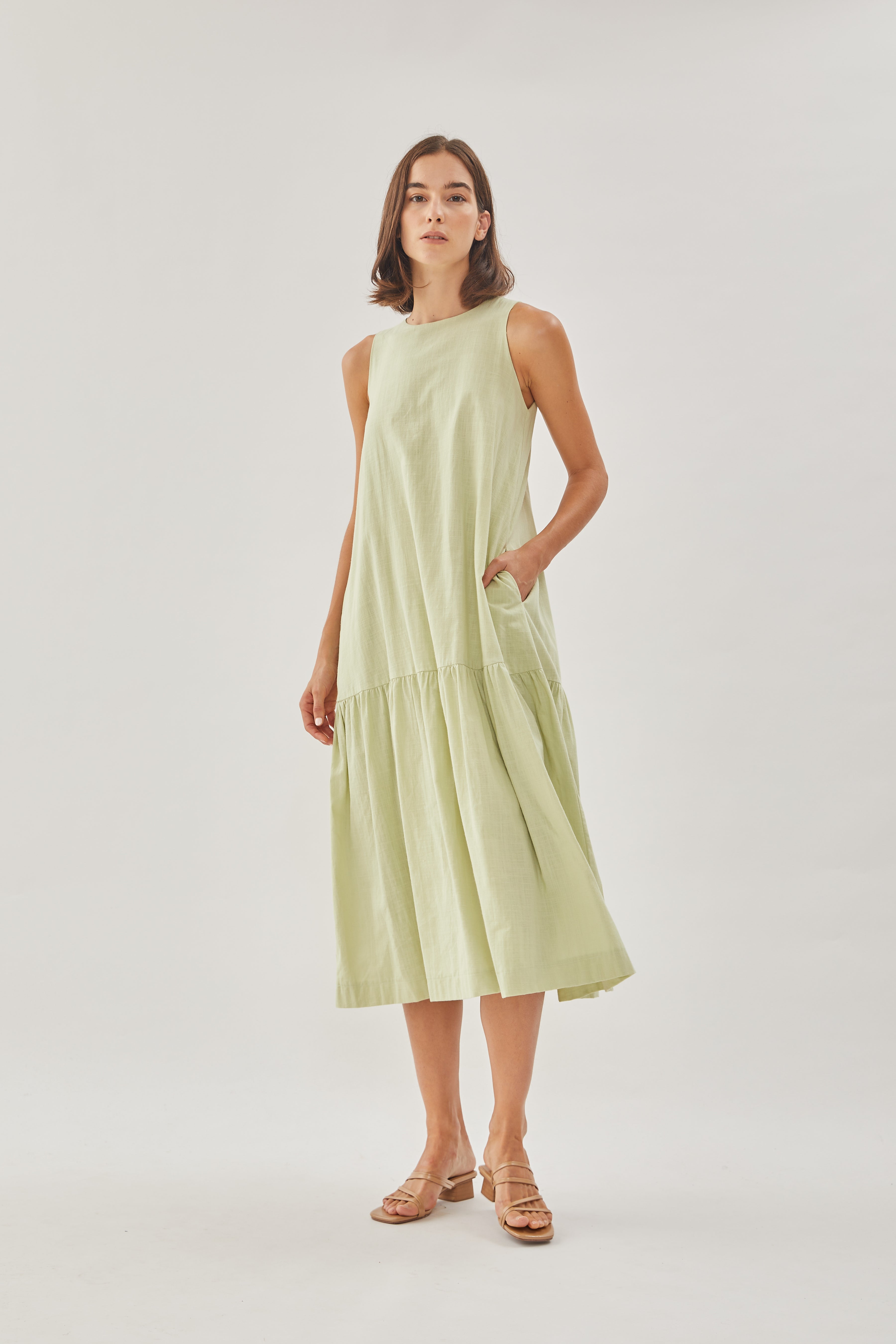 Linen Tiered Dress in Soft Green