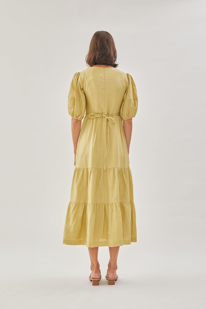 Linen Tiered Maxi Dress in Light Moss