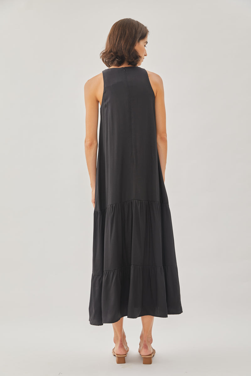 Cotton Blend Tiered Maxi Dress in Black