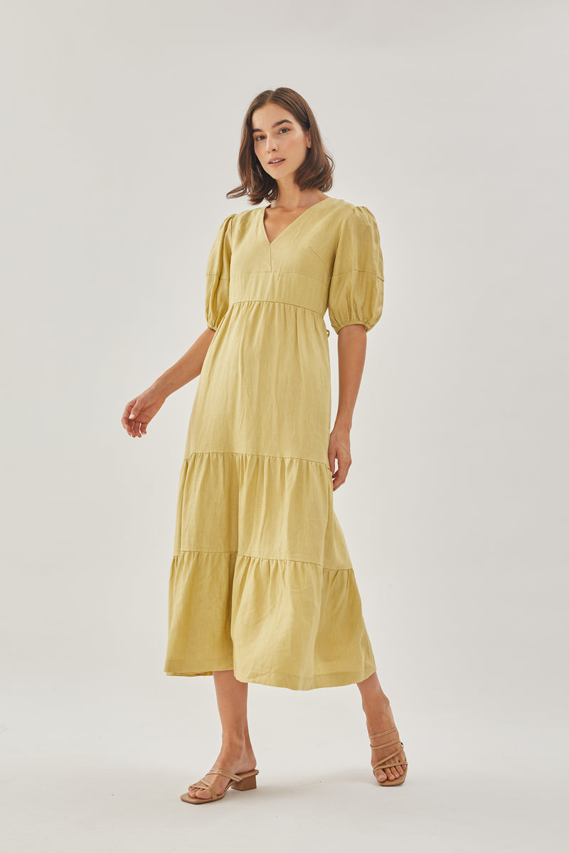 Linen Tiered Maxi Dress in Light Moss