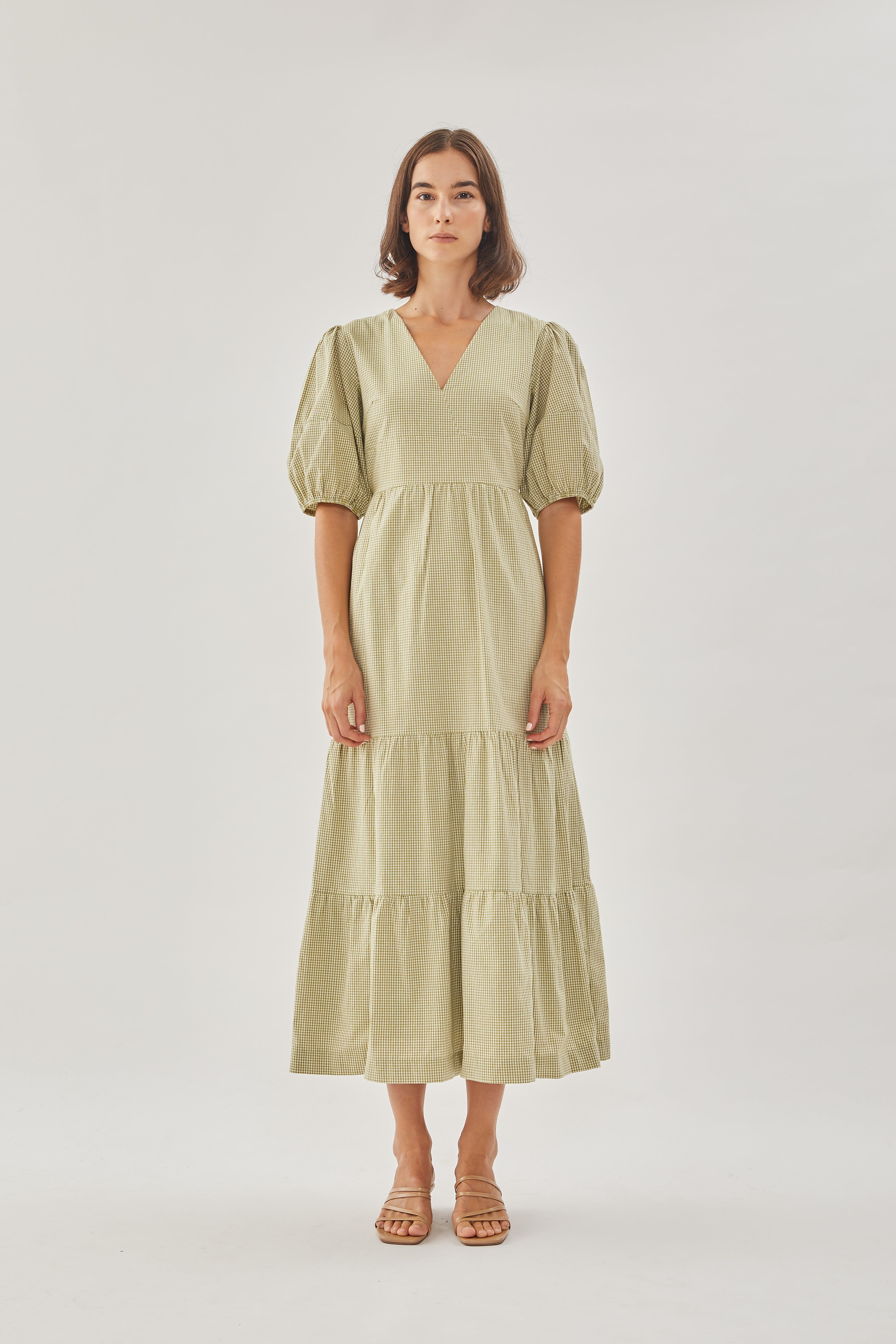 Cotton Tiered Maxi Dress in Checkered Olive