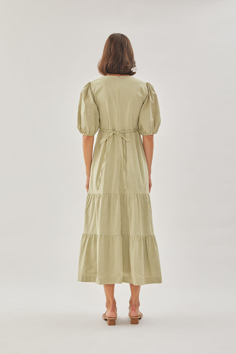 Cotton Tiered Maxi Dress in Checkered Olive