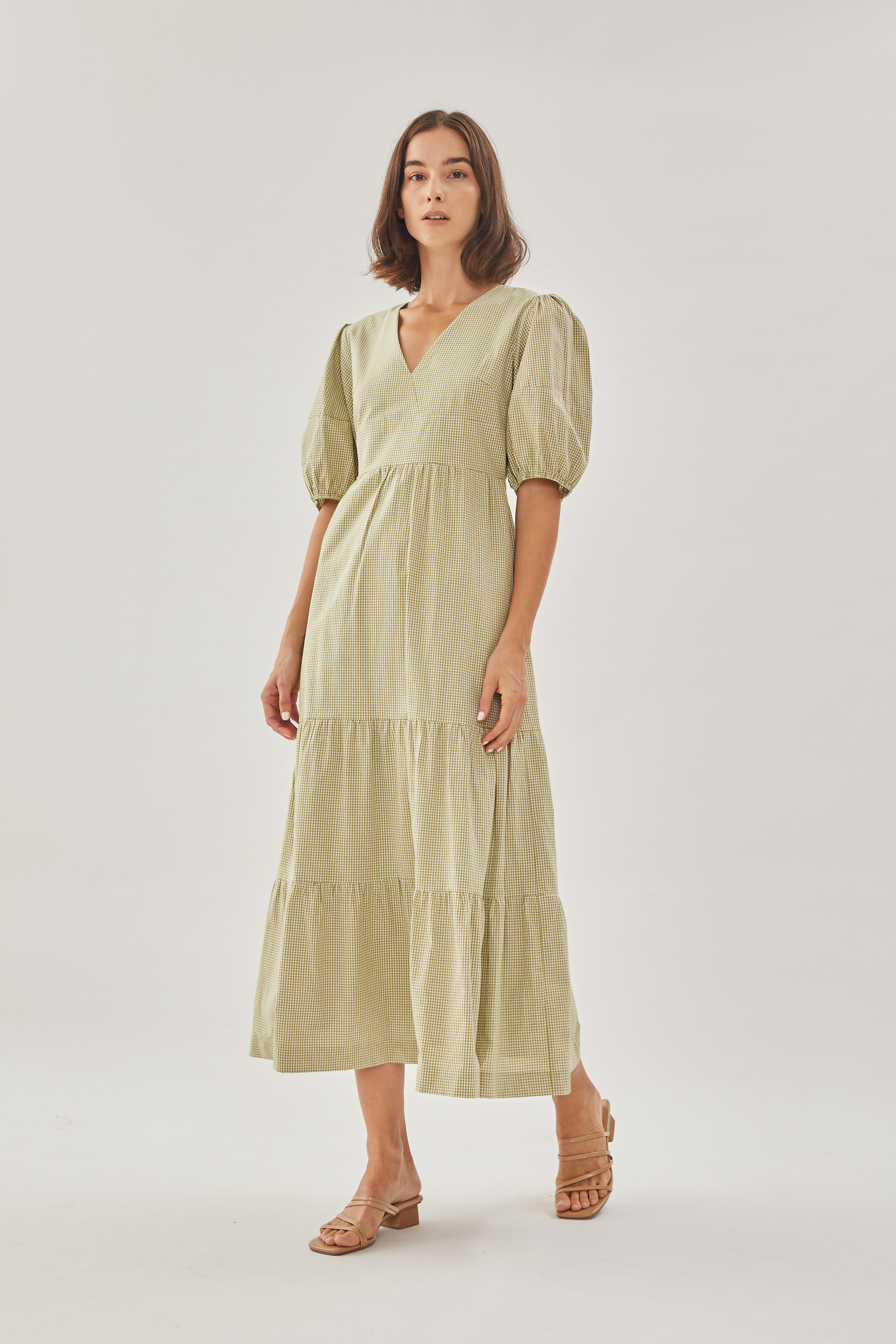 Cotton Tiered Maxi Dress in Checkered Olive