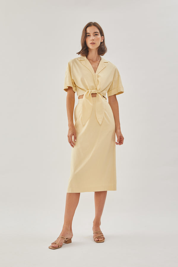 Linen Straight Skirt in Soft Yellow