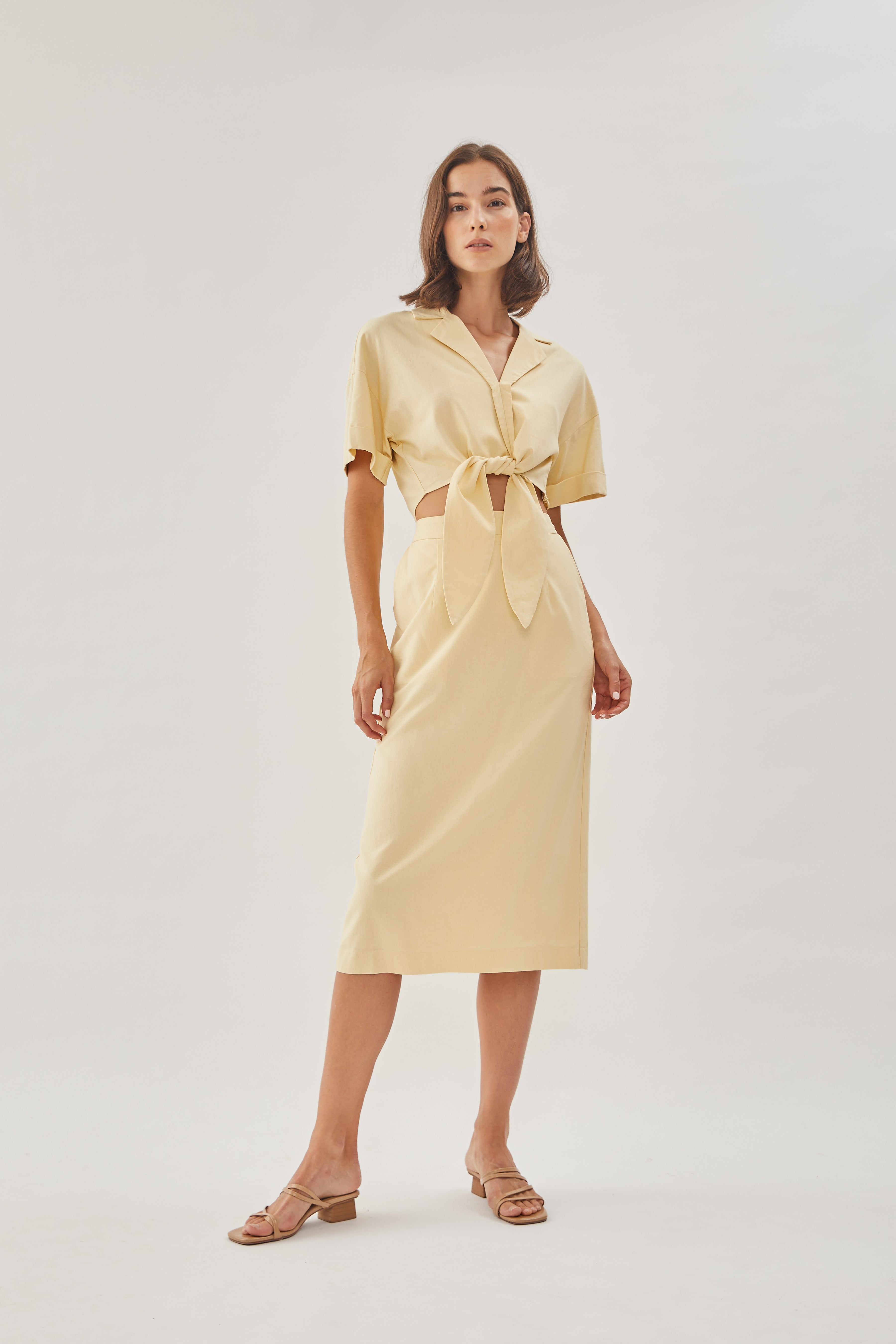 Linen Straight Skirt in Soft Yellow