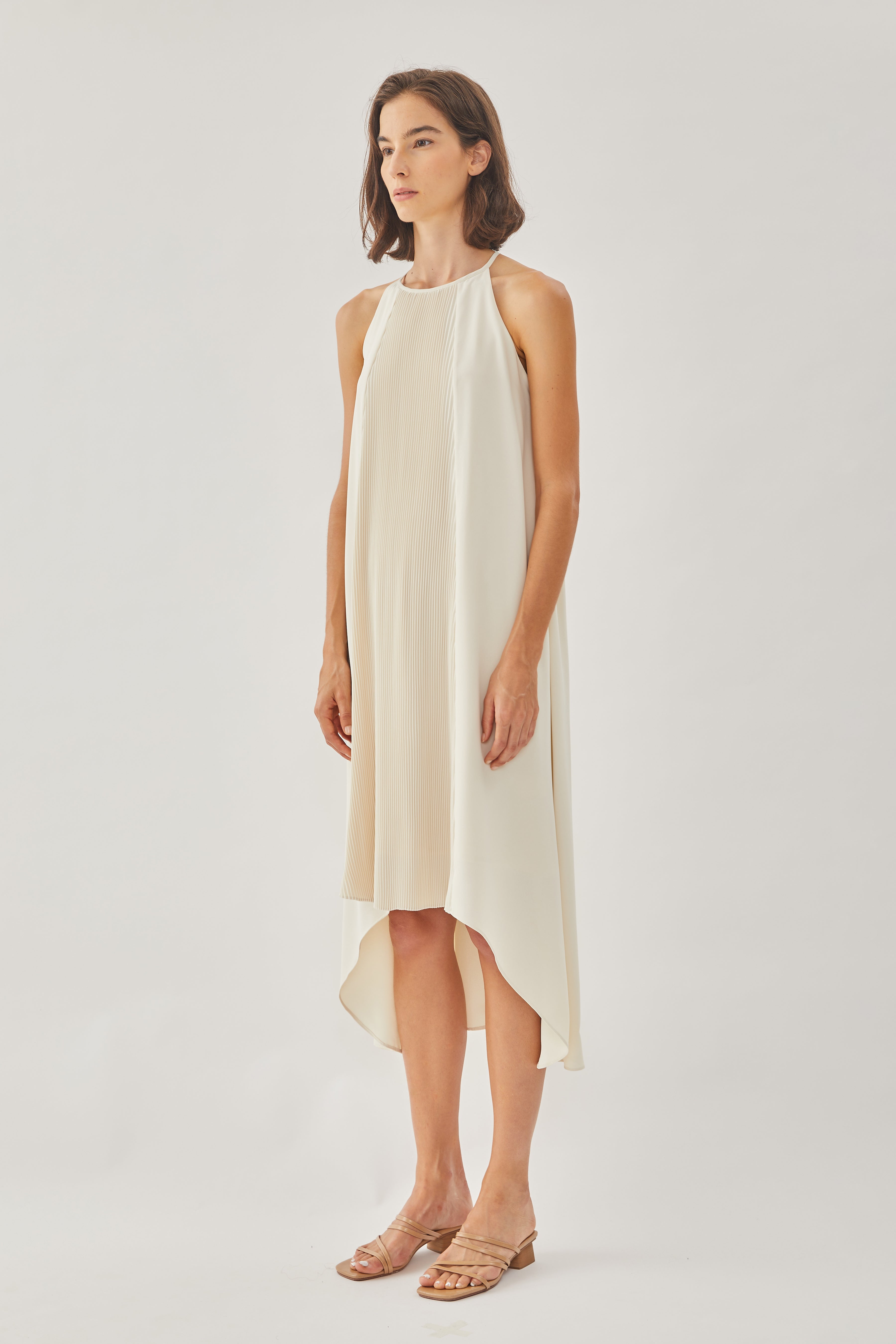 Pleated Halter Dress in Almond