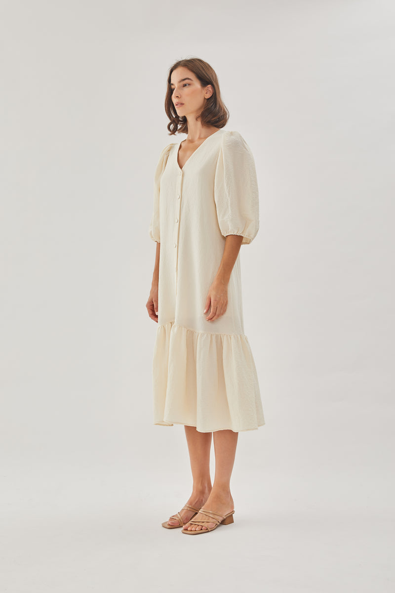 V-neck Midi Dress with Puffed Sleeves in Oatmeal