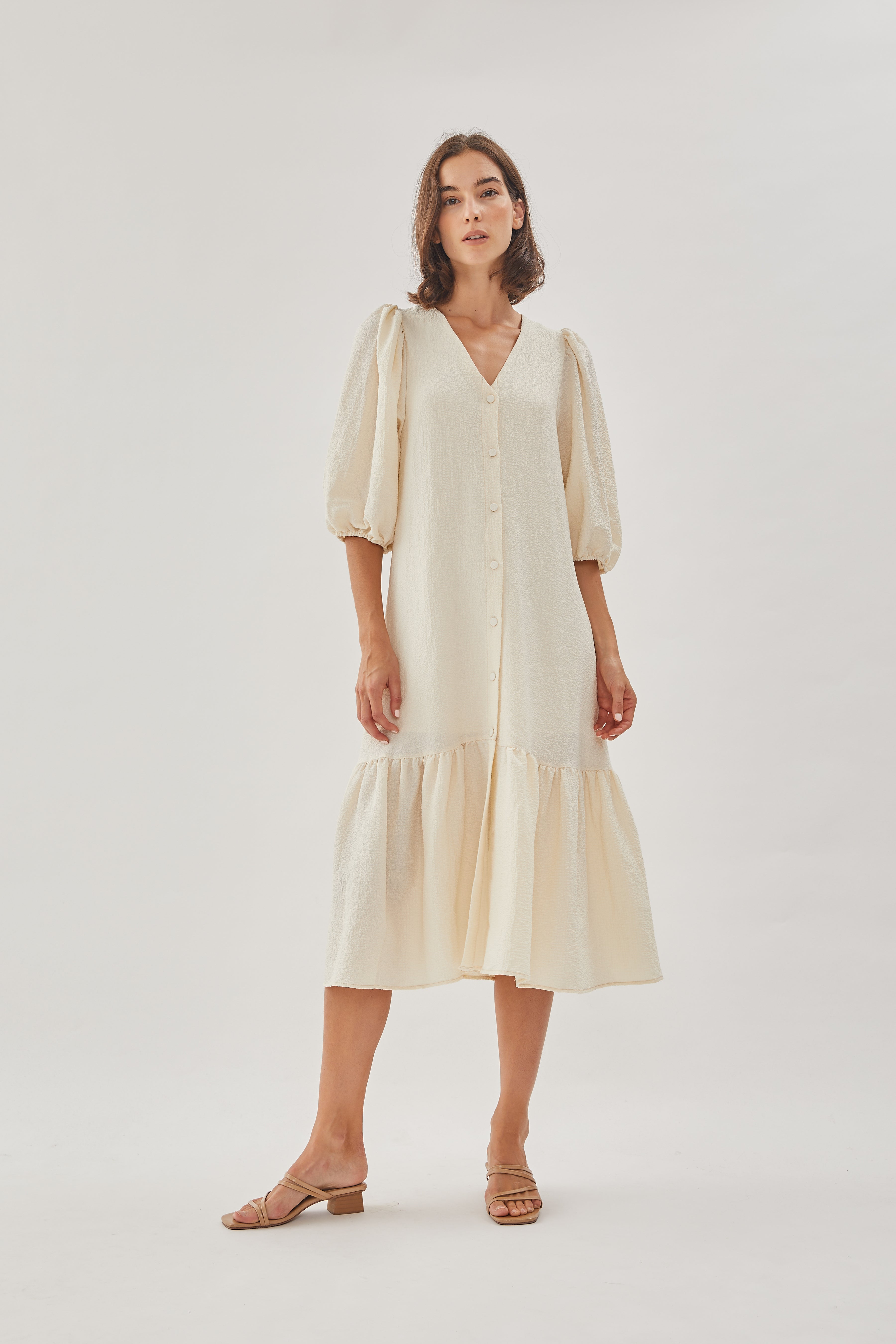 V-neck Midi Dress with Puffed Sleeves in Oatmeal