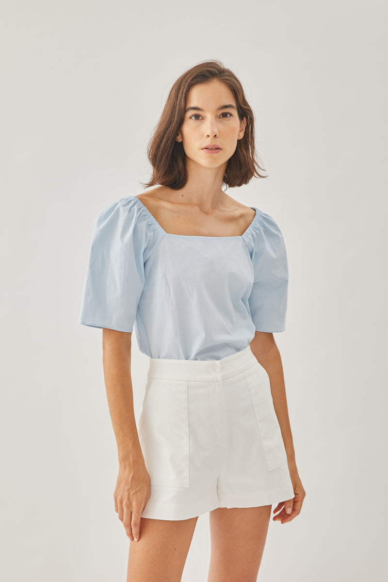 Cotton Blend Puffed Sleeved Top in Sky