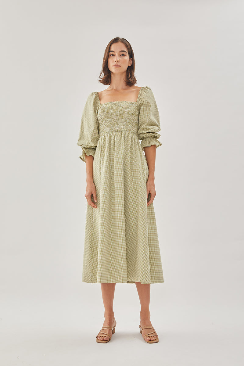 Cotton Shirred Dress in Checkered Olive
