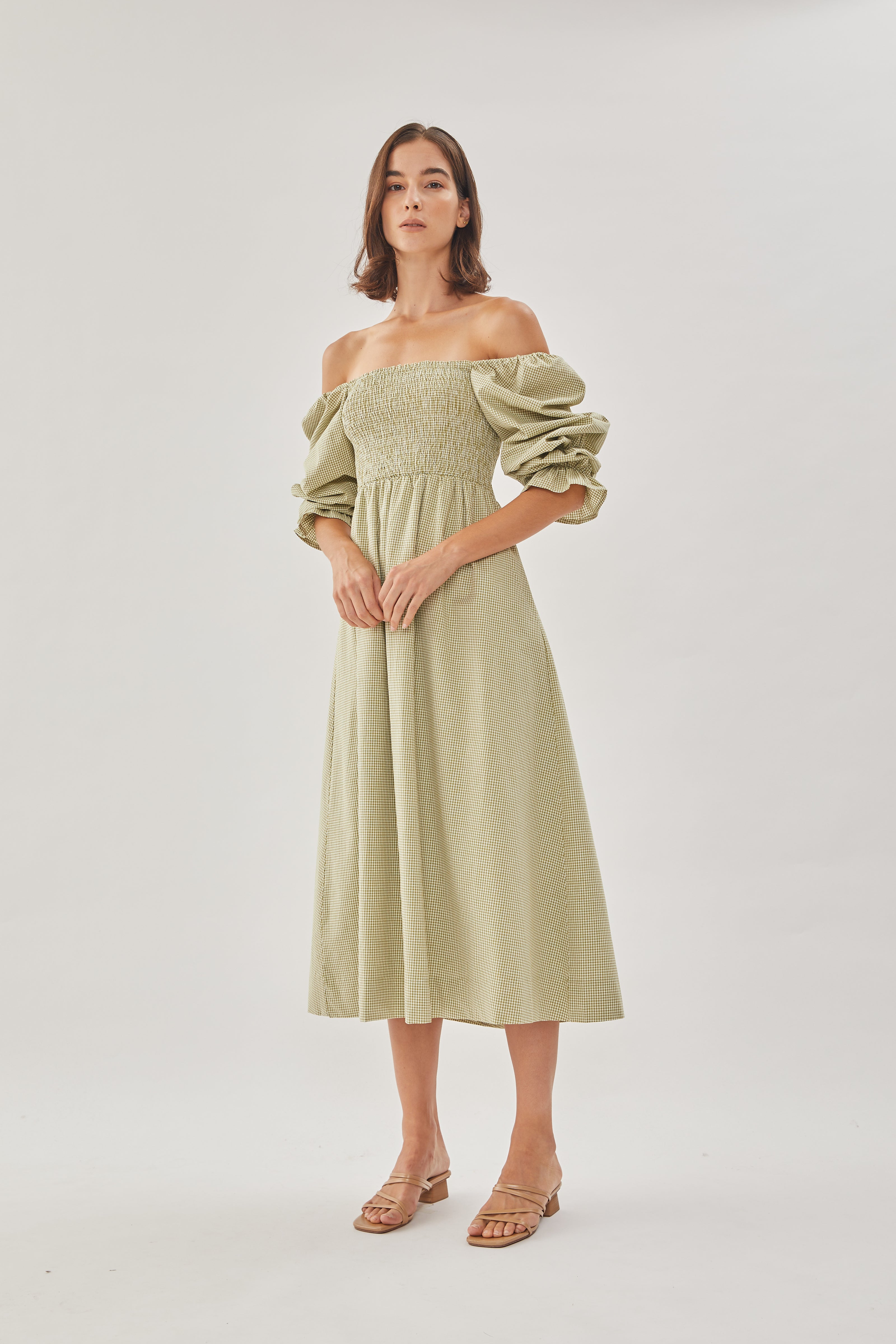 Cotton Shirred Dress in Checkered Olive