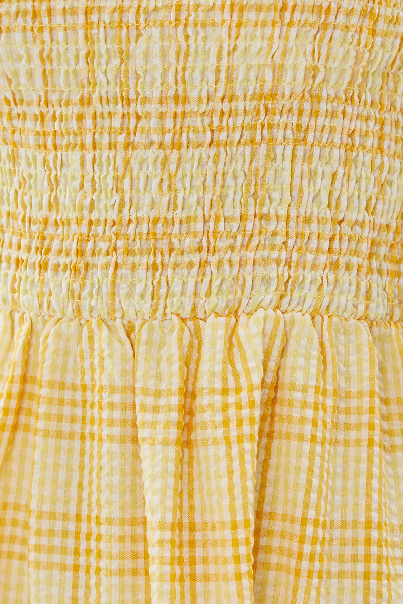 Seersucker Shirred Midi Dress in Sunrise