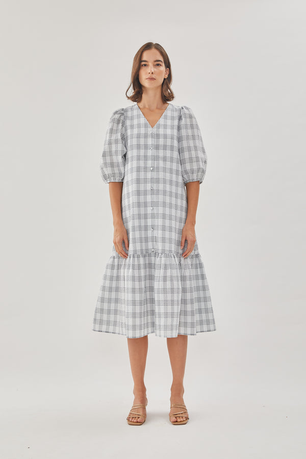 Seersucker Tiered Midi Dress in Mist