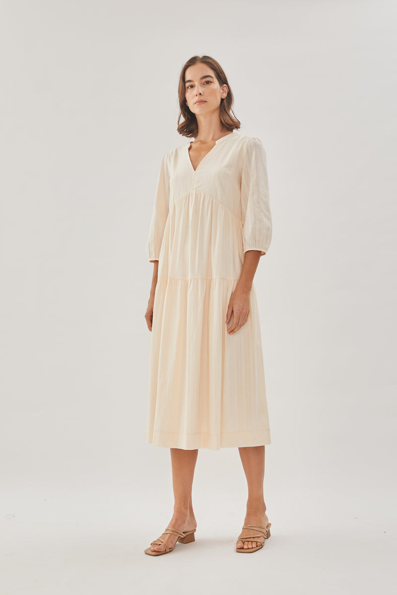 Embroidered Midi Dress in Oatmeal