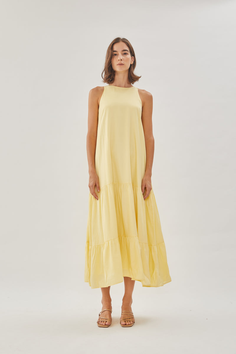 Cotton Blend Tiered Maxi Dress in Yellow