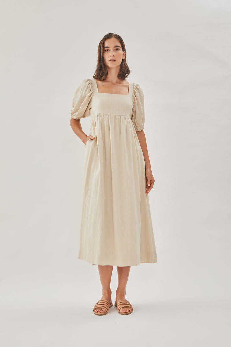 Midi Dress with Puffed Sleeves in Oatmeal