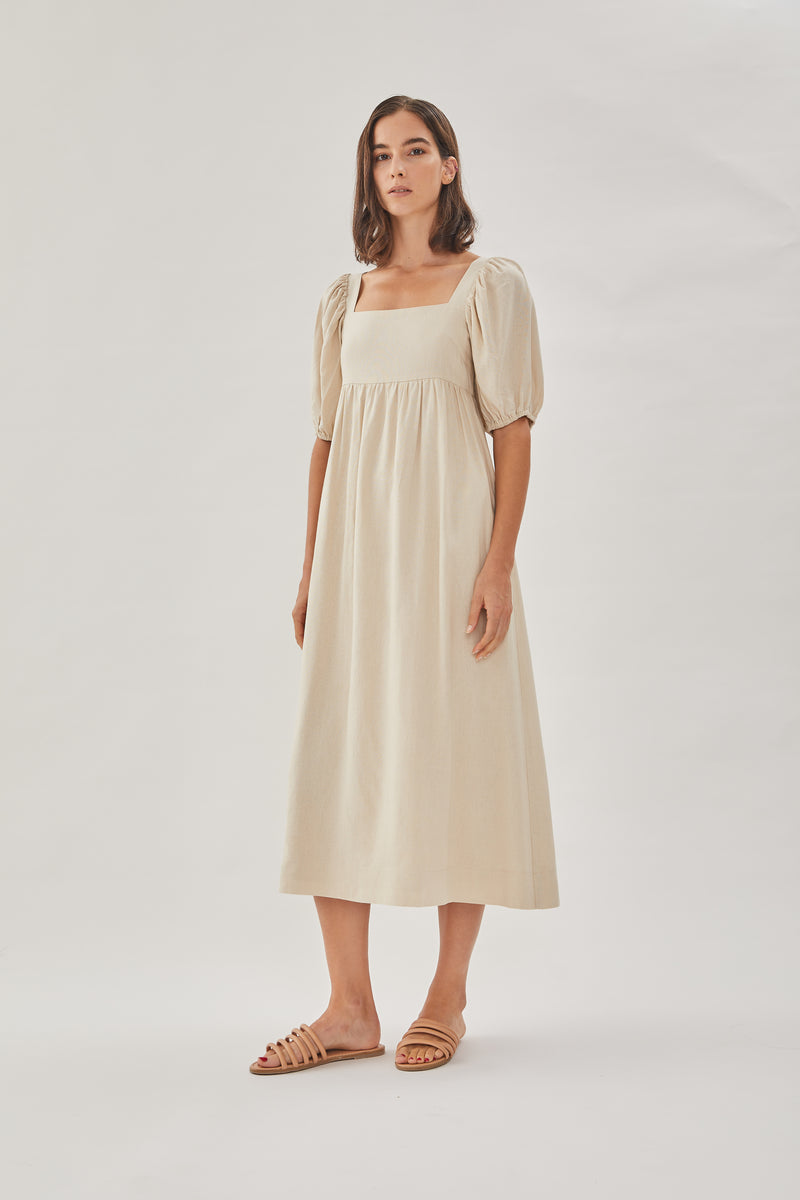 Midi Dress with Puffed Sleeves in Oatmeal
