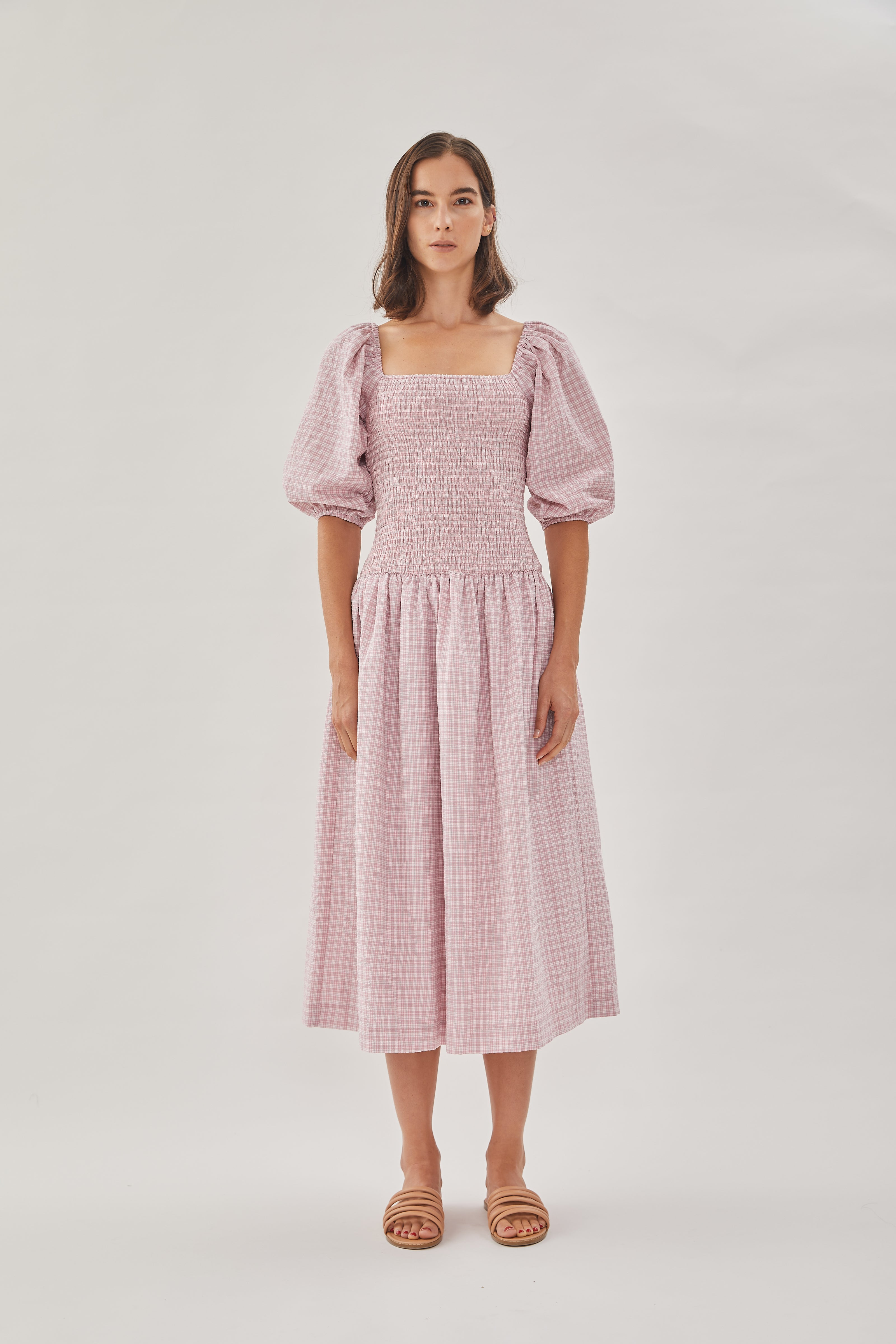 Drop Waist Shirring Dress in Gingham Pink