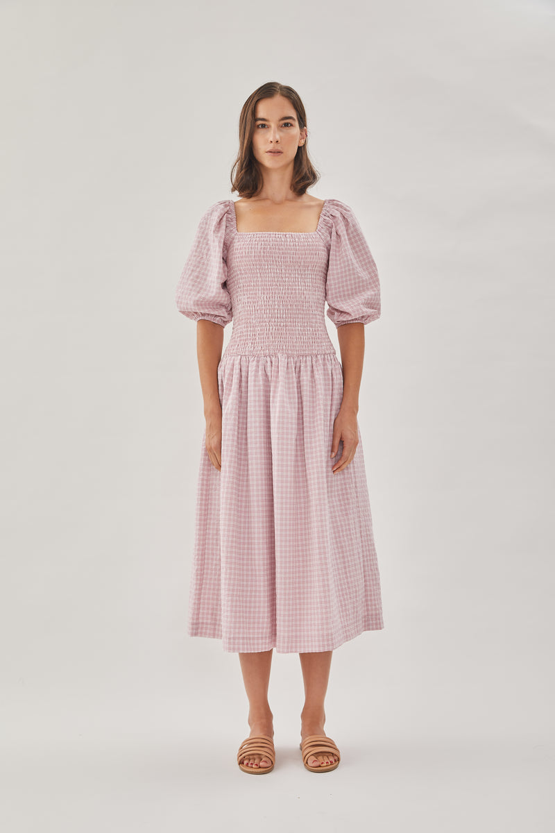 Drop Waist Shirring Dress in Gingham Pink
