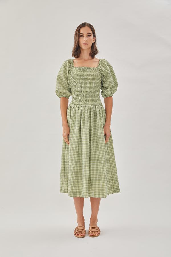 Drop Waist Shirring Dress in Gingham Fern