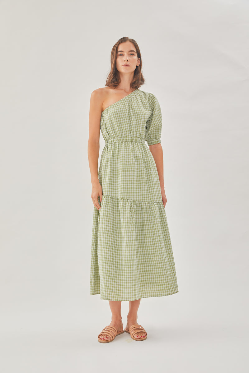 Cotton Blend Toga Dress in Gingham Fern