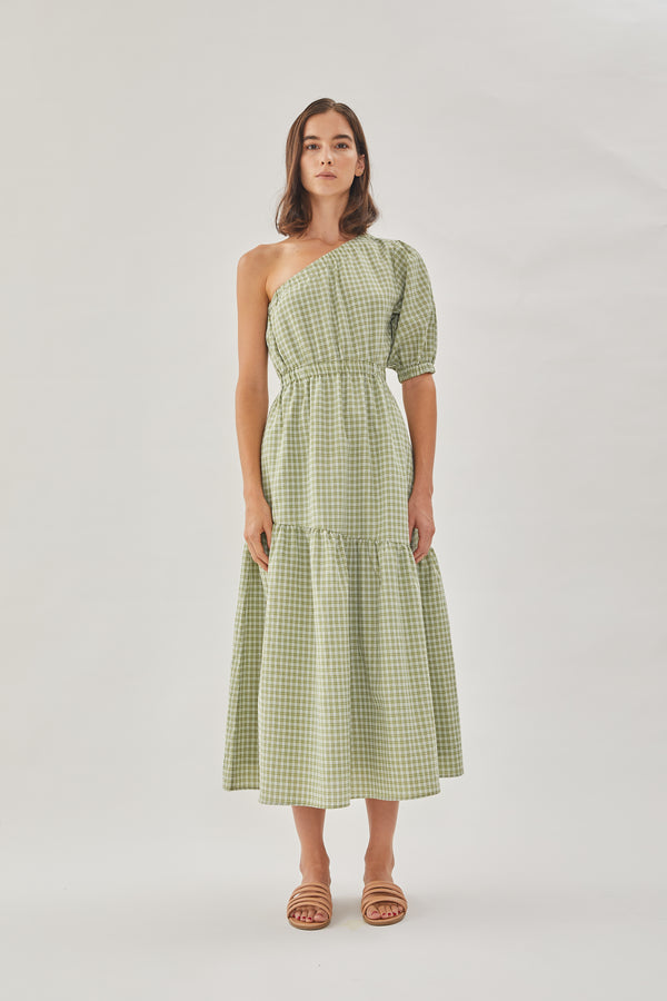 Cotton Blend Toga Dress in Gingham Fern