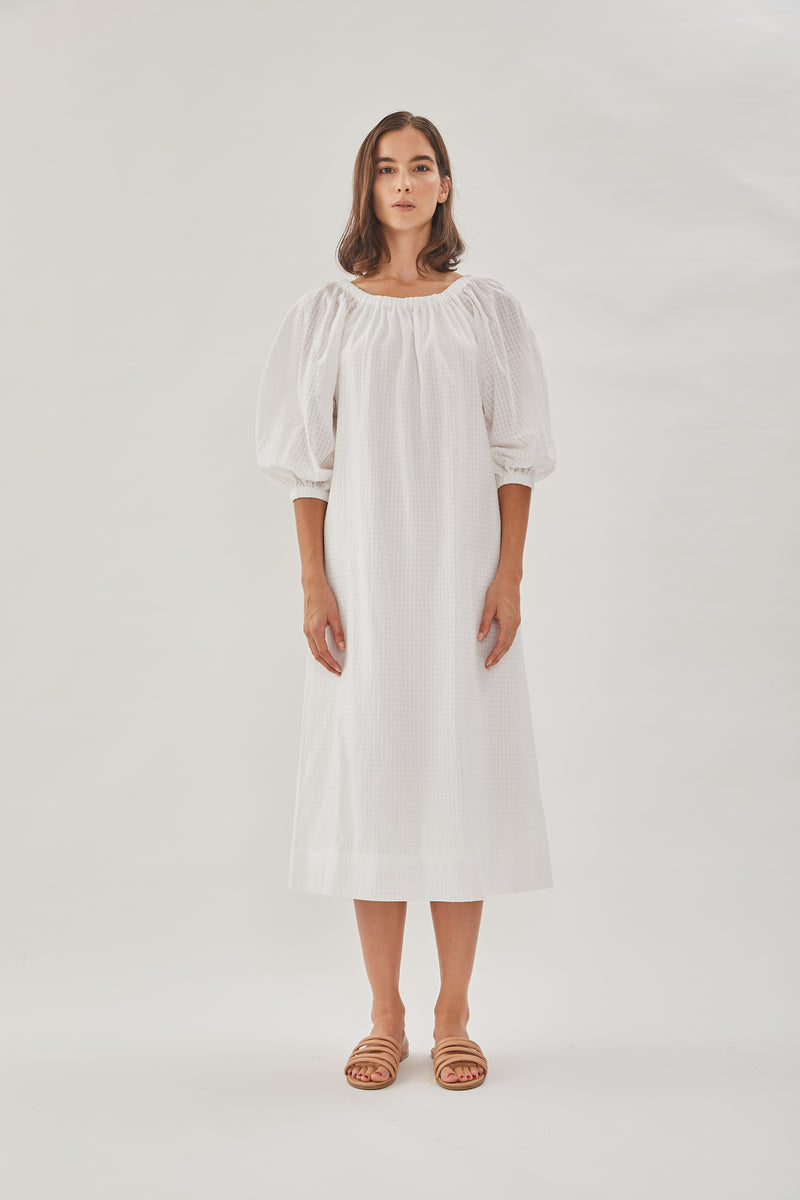 Gathered Midi Dress in White