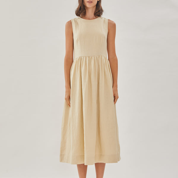 Linen Sleeveless Gathered Dress in Sand KLARRA