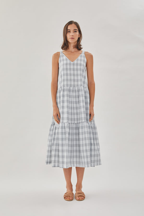 Sleeveless Seersucker Tiered Dress in Mist