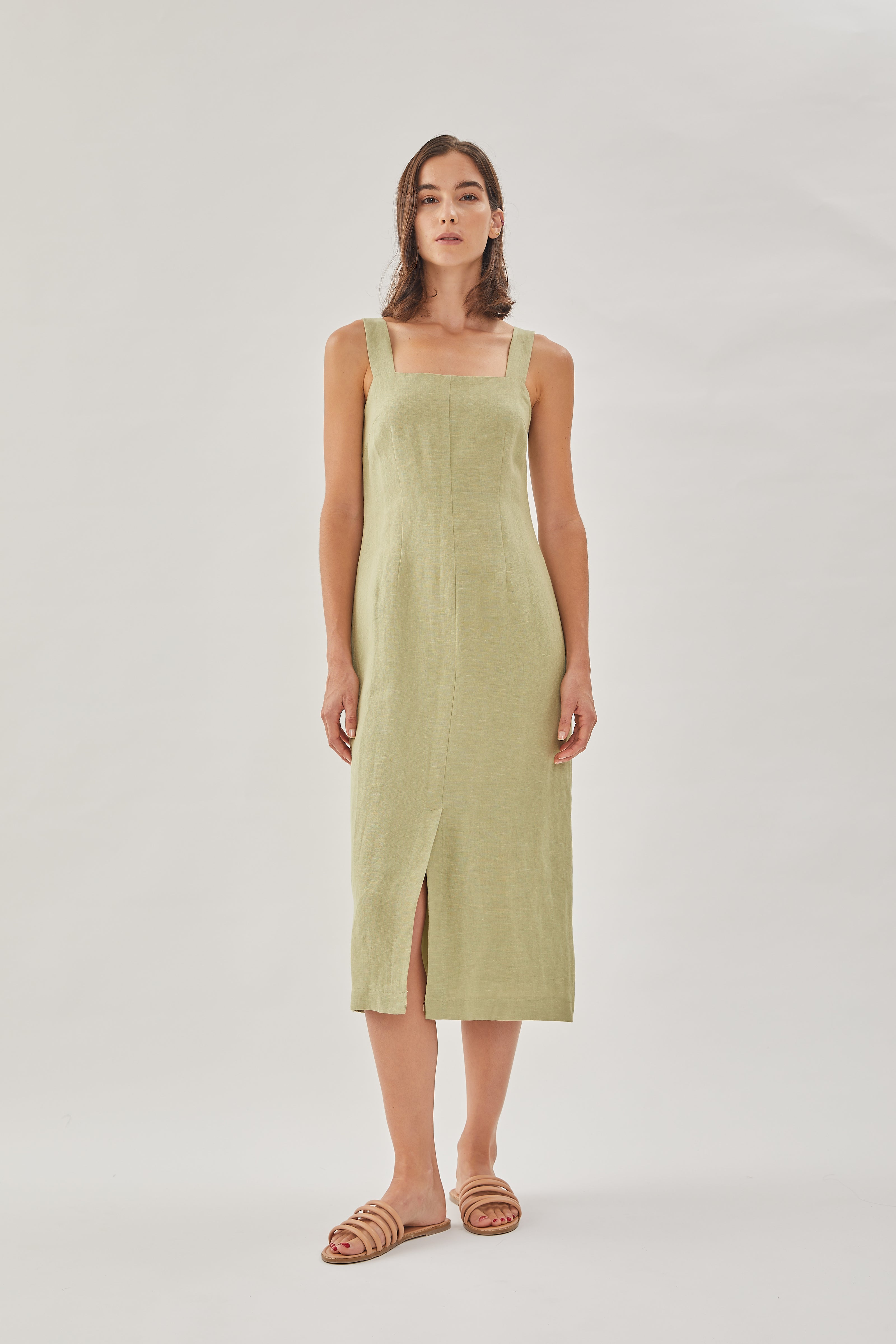 Square Neck Sleeveless Midi Dress in Moss