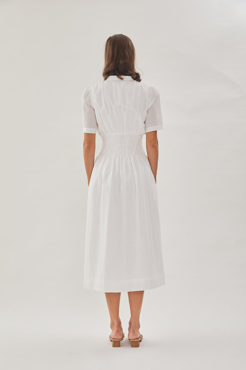 Shirred Shirt Dress in White