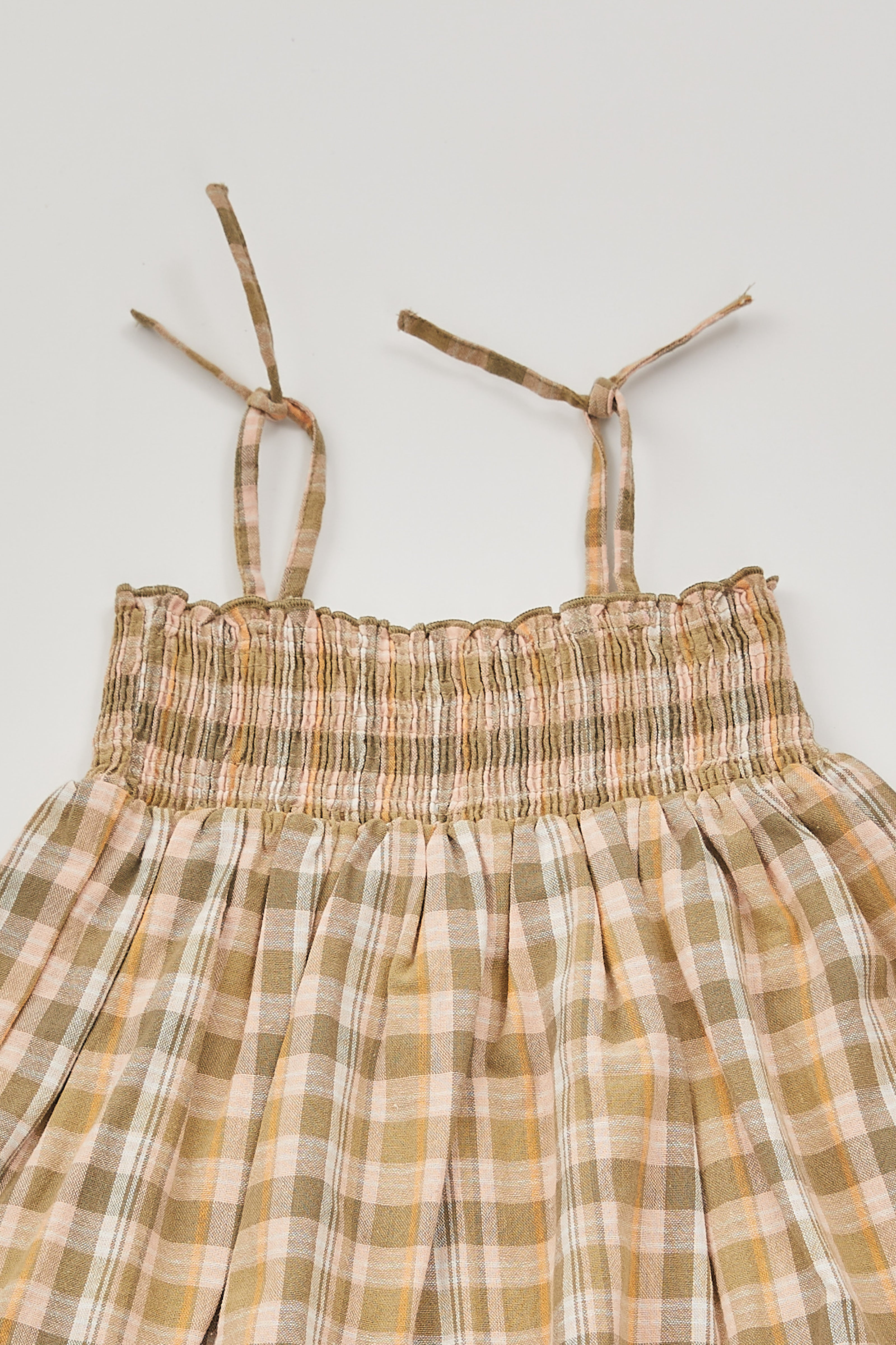 Mini Gingham Shirred Dress in Forest