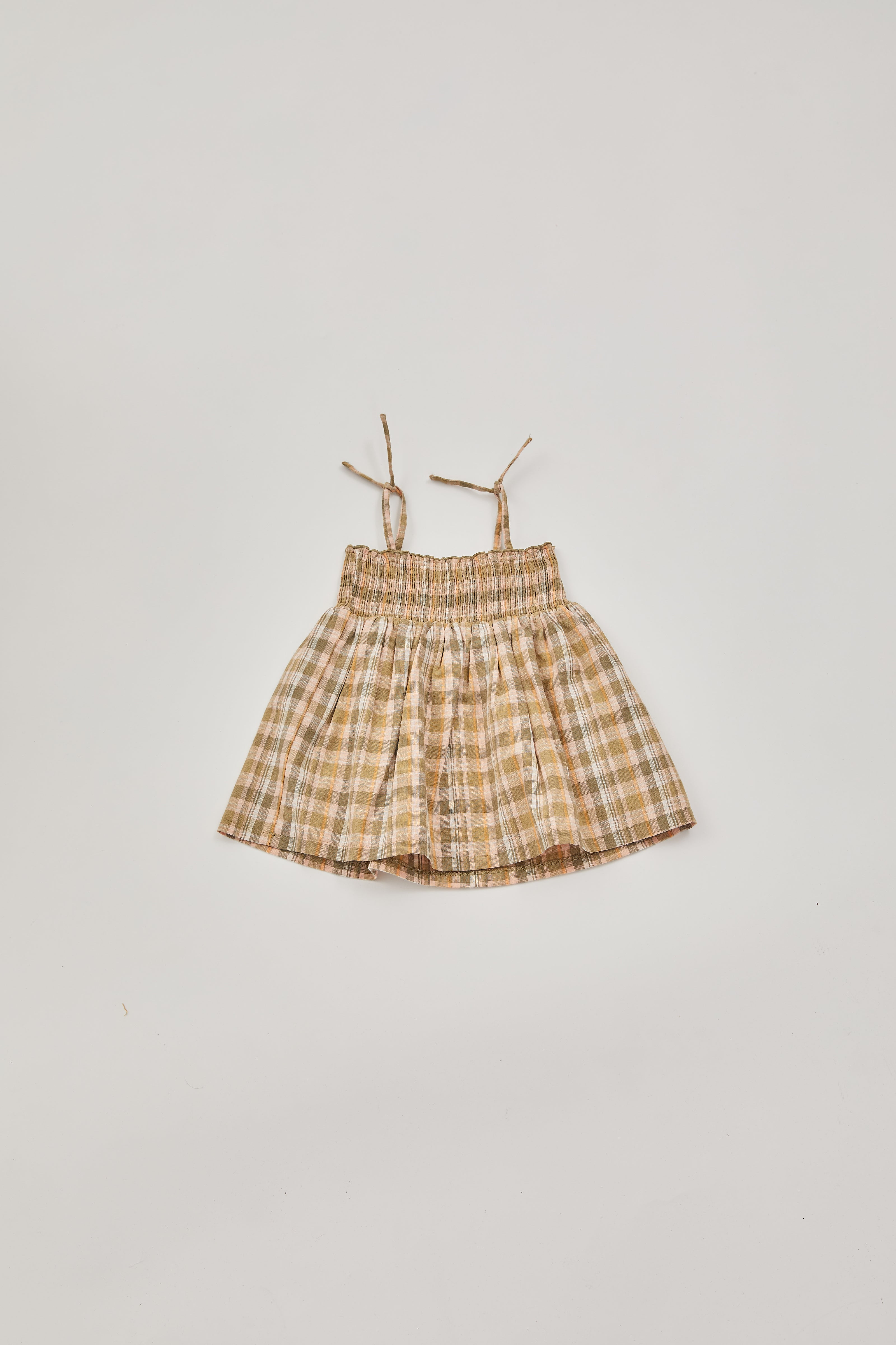 Mini Gingham Shirred Dress in Forest