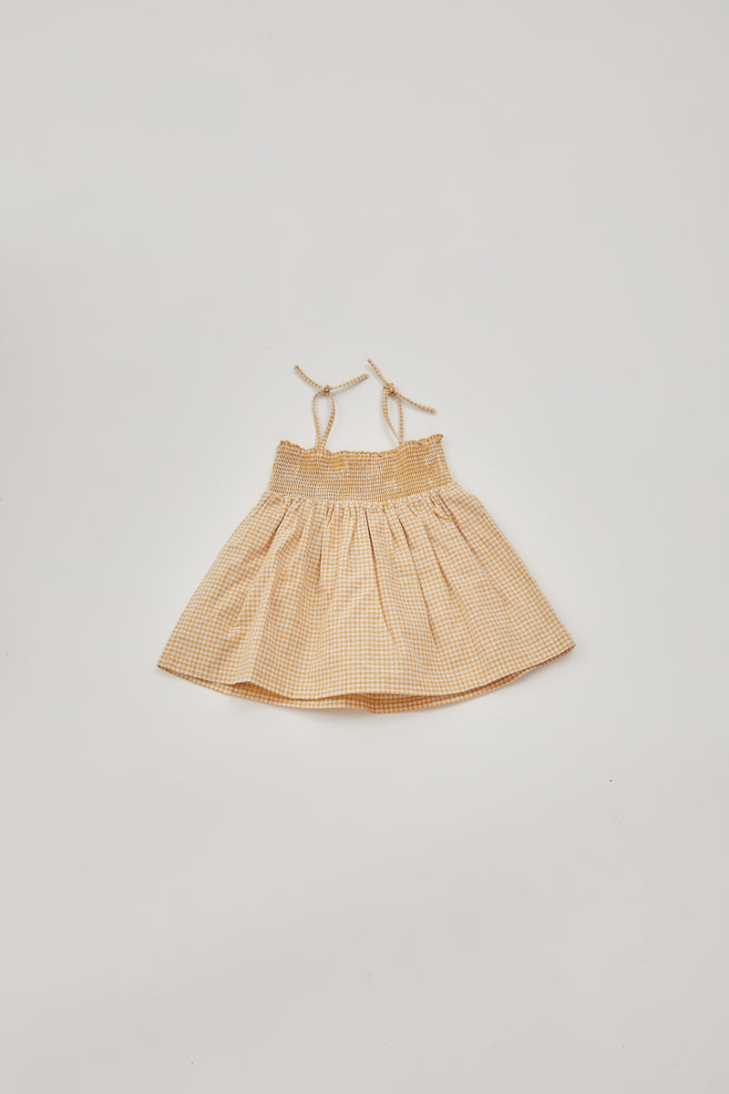 Mini Gingham Shirred Dress in Yellow