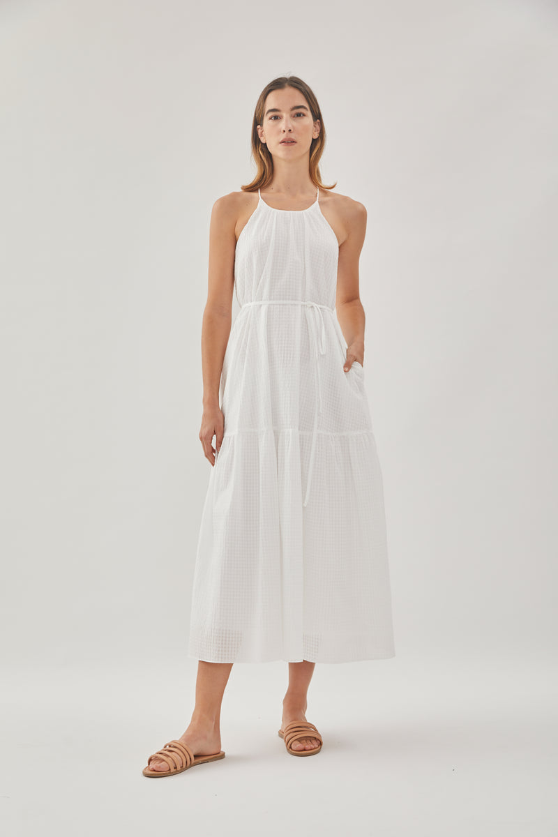 Gathered Halter Tiered Dress in Gingham White