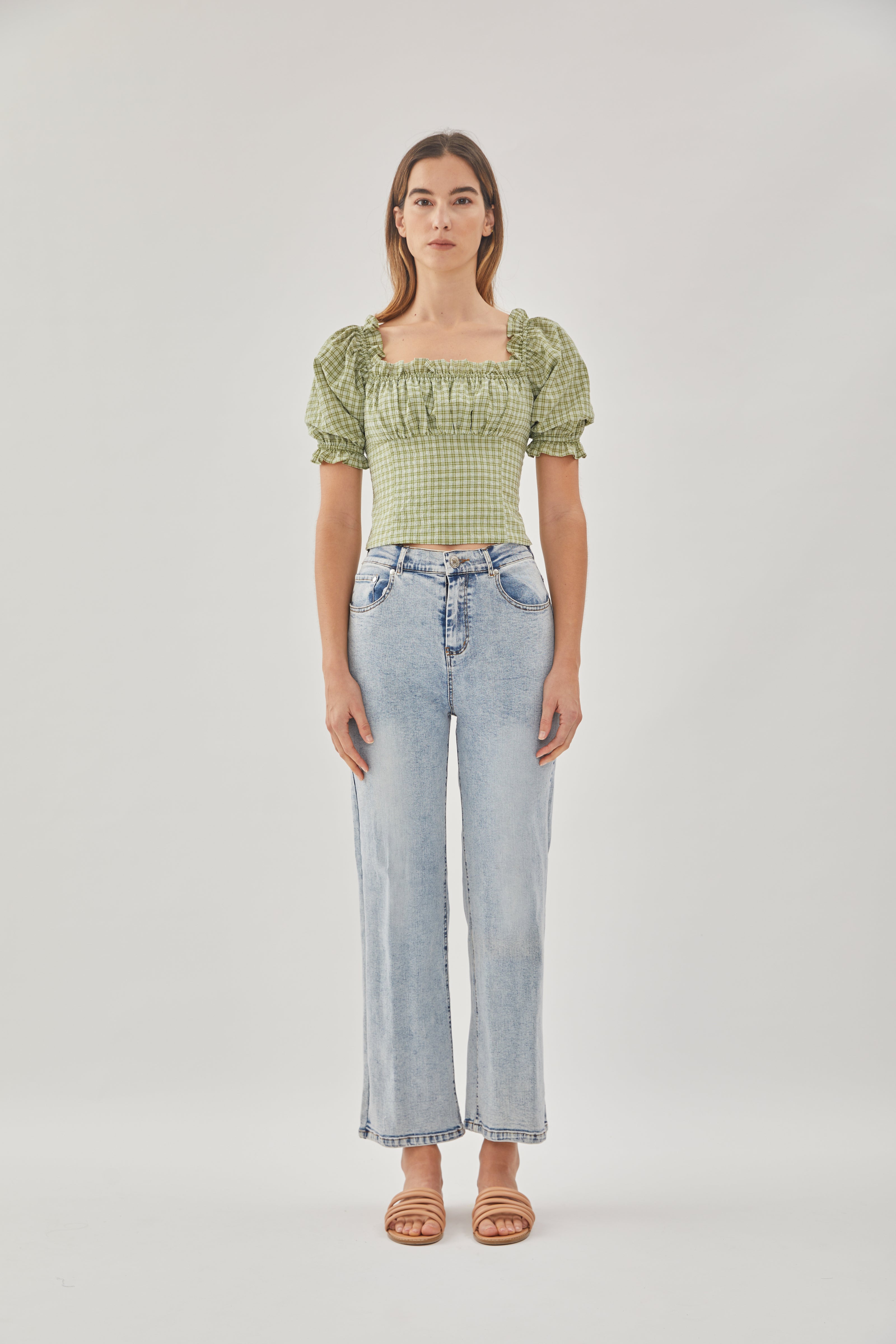 Frill-Trimmed Top in Gingham Fern