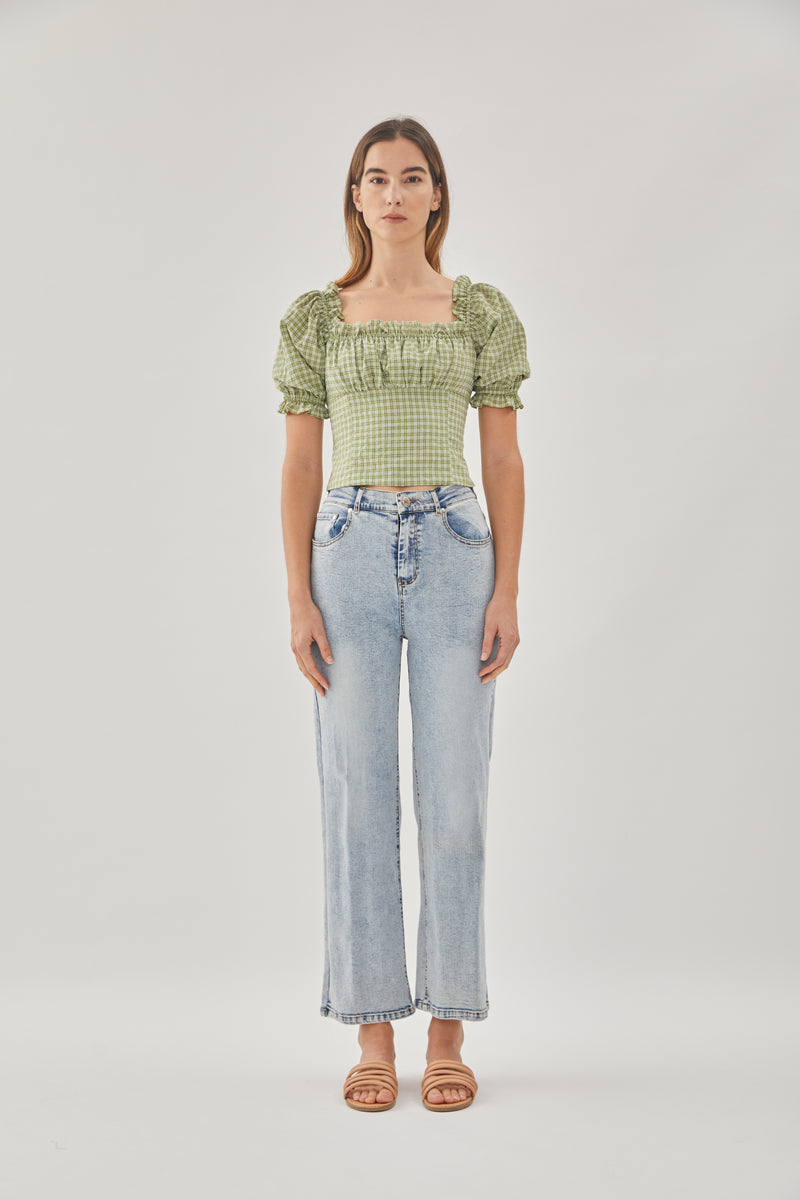 Frill-Trimmed Top in Gingham Fern